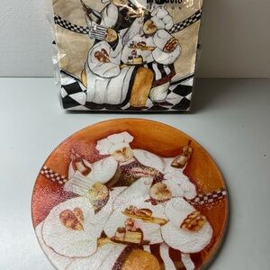 Fat Chef-Themed glass trivet, 8” and luncheon napkins
